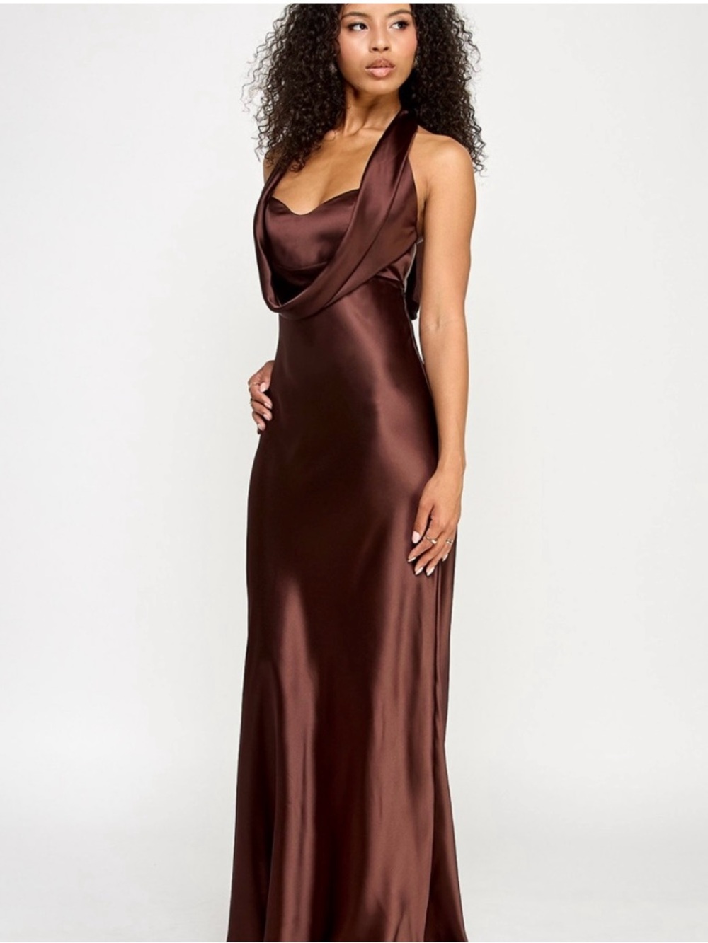 Satin Halter Cowl Maxi Dress in Chocolate Brown